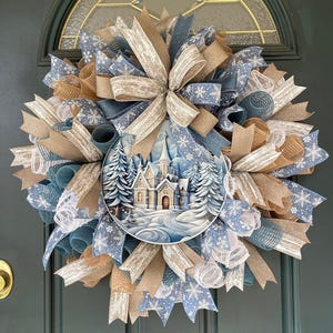 Beige Christmas Wreath Neutral Holiday Decor Winter Woodland Theme Farmhouse Style Decoration Large Mesh Design Front Door Display Smoke Blue Accents Religious Seasonal Arrangement Entryway Welcome Piece Church Entrance Decor Elegant Winter