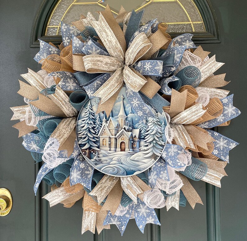 Beige Christmas Wreath Neutral Holiday Decor Winter Woodland Theme Farmhouse Style Decoration Large Mesh Design Front Door Display Smoke Blue Accents Religious Seasonal Arrangement Entryway Welcome Piece Church Entrance Decor Elegant Winter