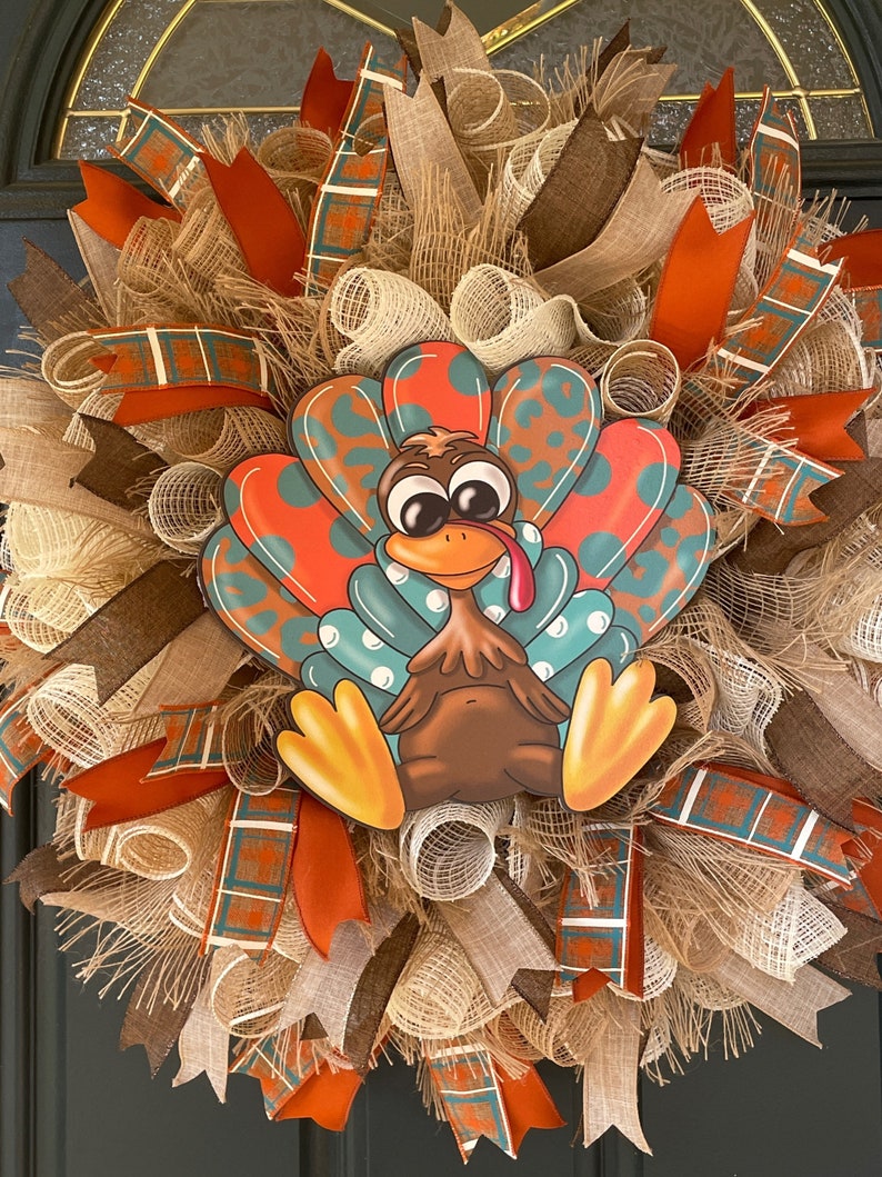 Fall Farmhouse Turkey Wreath for front Door, Thanksgiving Wreaths, Rustic Country Fall Mesh Wreath, Autumn Harvest Turkey Porch Decor, Gift image 10