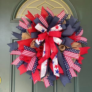Patriotic Wreath 4th of July Decoration Wreath for Front Door American Flag Accent Ribbon Porch Mesh Wreath Memorial Day Independence Day