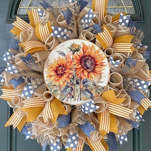Sunflower Welcome Wreath: Rustic Burlap Mesh, Farmhouse Porch Decor
