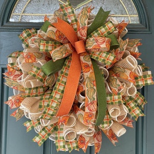 Fall Pumpkin and Gourd Wreath for front Door, Fall Country Door Decor, Small Burlap Mesh Porch Decor, gift, 21&quot; Autumn Wreath, Farmhouse