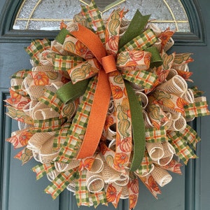 Fall Pumpkin and Gourd Wreath for front Door, Fall Country Door Decor, Small Burlap Mesh Porch Decor, gift, 21" Autumn Wreath, Farmhouse