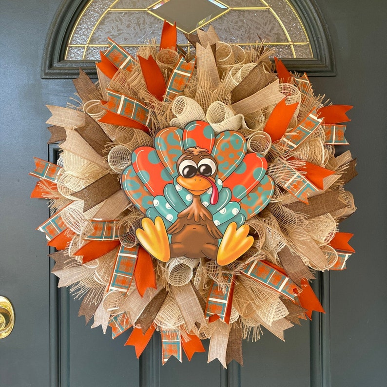 Fall Farmhouse Turkey Wreath for front Door, Thanksgiving Wreaths, Rustic Country Fall Mesh Wreath, Autumn Harvest Turkey Porch Decor, Gift image 9