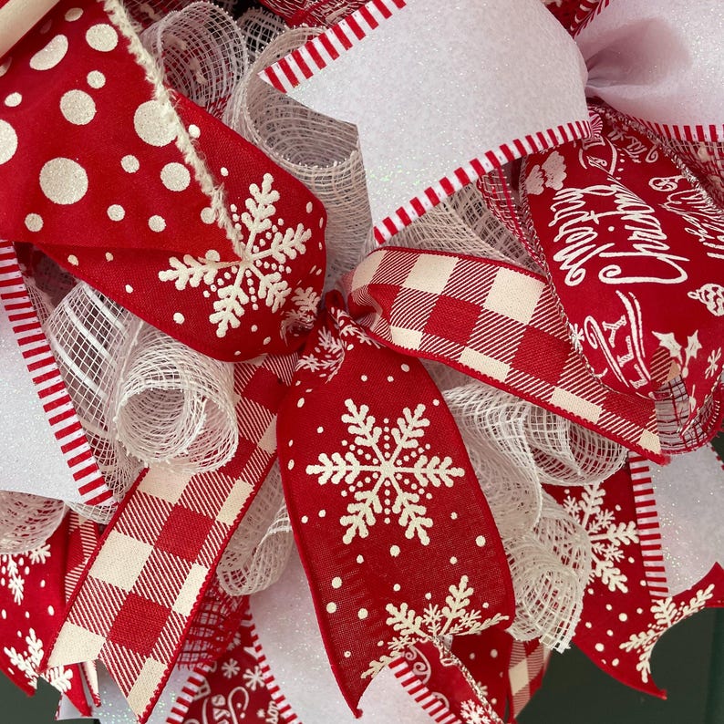Christmas Mesh Wreath for Door Decor Red White Winter Snowflake Holiday ...