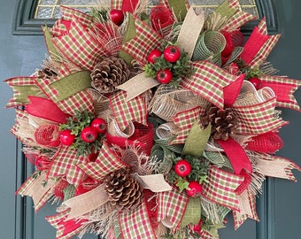 Christmas Wreath, Winter Wreath for Front Door, Woodland Decor, Rustic Wreath, Plaid Wreath, Pine and Red Berry Wreath, Outdoor Farmhouse