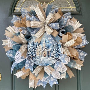 Neutral Christmas Wreath Winter Woodland Style Farmhouse Door Decoration Large Holiday Display Beige White Smoke Blue Mesh Design Seasonal Entryway Decor Front Porch Welcome Religious Holiday Arrangement Subtle Color Palette Winter Home