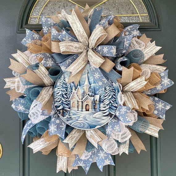 Neutral Christmas Wreath Winter Woodland Farmhouse Door Decoration Church Entrance Holiday Decor Religious Beige Large Mesh Entryway