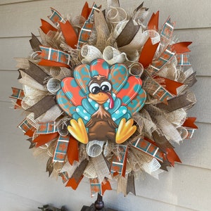 Fall Farmhouse Turkey Wreath for front Door, Thanksgiving Wreaths, Rustic Country Fall Mesh Wreath, Autumn Harvest Turkey Porch Decor, Gift image 7