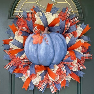 Fall Blue Pumpkin Mesh Wreath for front Door, Rustic Country Decor, Hello Fall Wreath, Burlap Pumpkin Decor, Fall Pumpkin, Gift, Fall Rust