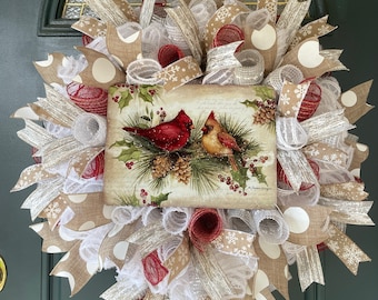 Cardinal Winter Wreath for Front Door Woodland Cardinal Christmas Front Porch Decor Large Handmade Farmhouse Mesh Mantel Wreath Gift