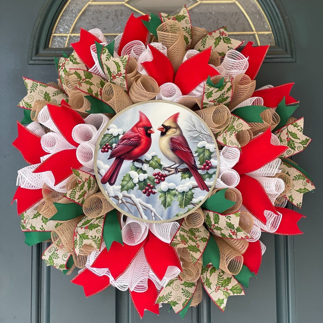 Cardinal Winter Wreath for Front Door, Cardinal Winter Front Porch