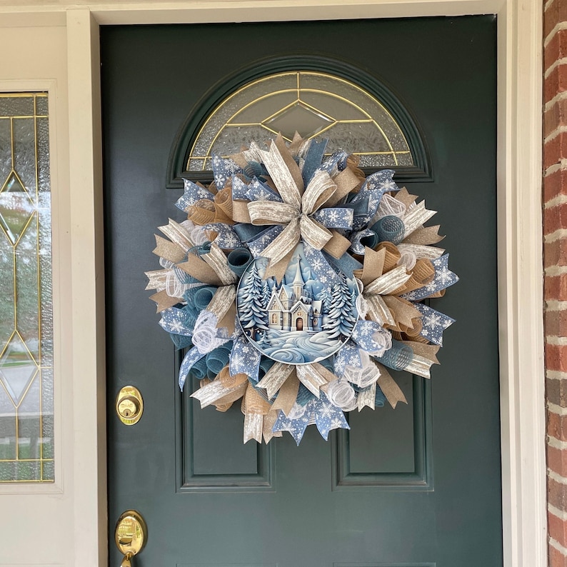 Winter Woodland Wreath Religious Holiday Decoration Church Entrance Display Neutral Christmas Decor Large Beige Mesh Design Farmhouse Style Arrangement Front Door Welcome Seasonal Entryway Piece White Smoke Blue Accents Elegant Winter