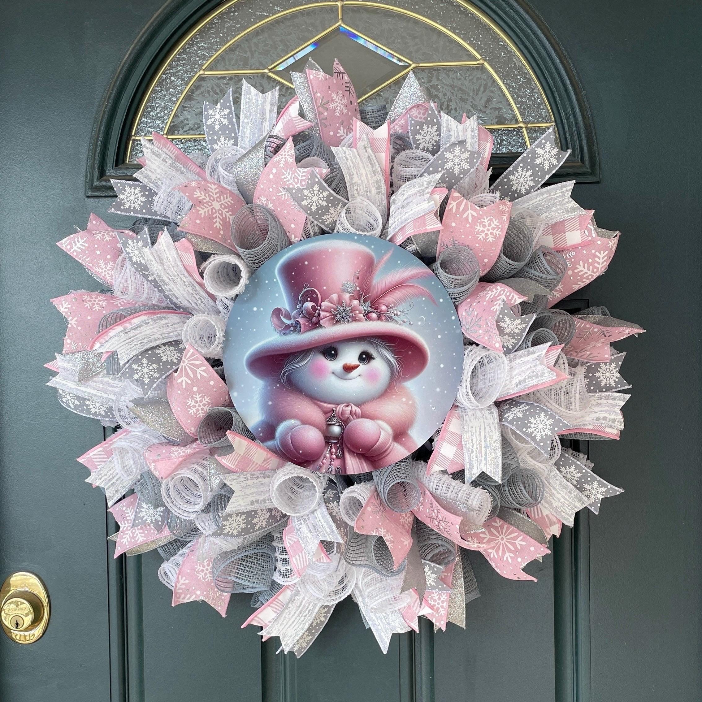 Pink and Silver Winter Snowman Mesh Wreath for Front Door, Christmas ...