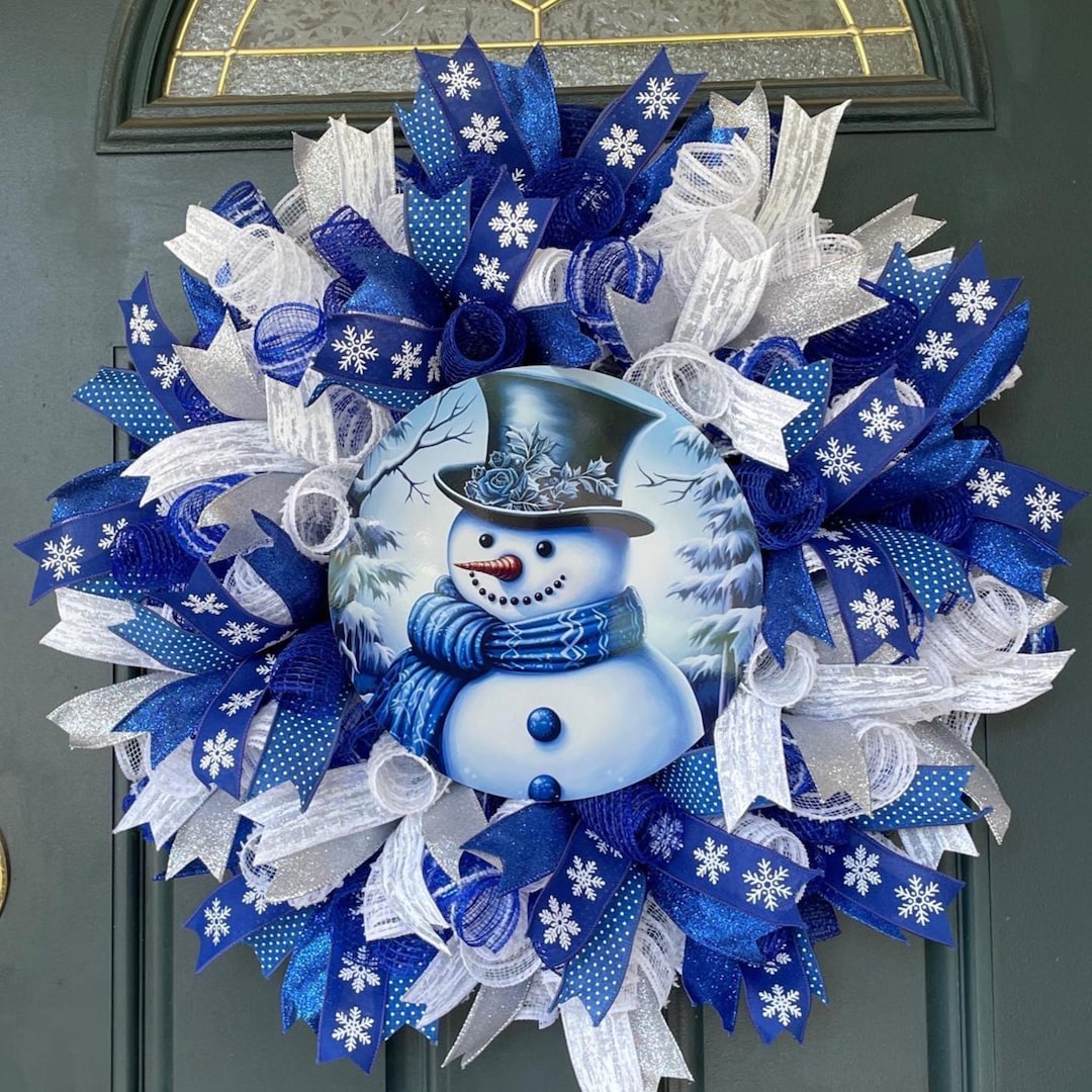 Winter Snowman Wreath Blue Mesh Door Decoration Christmas Porch ...