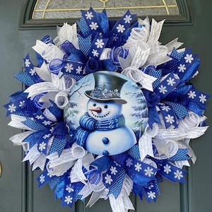 Winter Snowman Wreath Blue Mesh Door Decoration Holiday Entrance Display Large Size Wreath Royal Blue Design Whimsical Snowflake Pattern Front Porch Decor Festive Home Welcome Sign Seasonal Door Hanging Winter Holiday Accent Piece Beautiful
