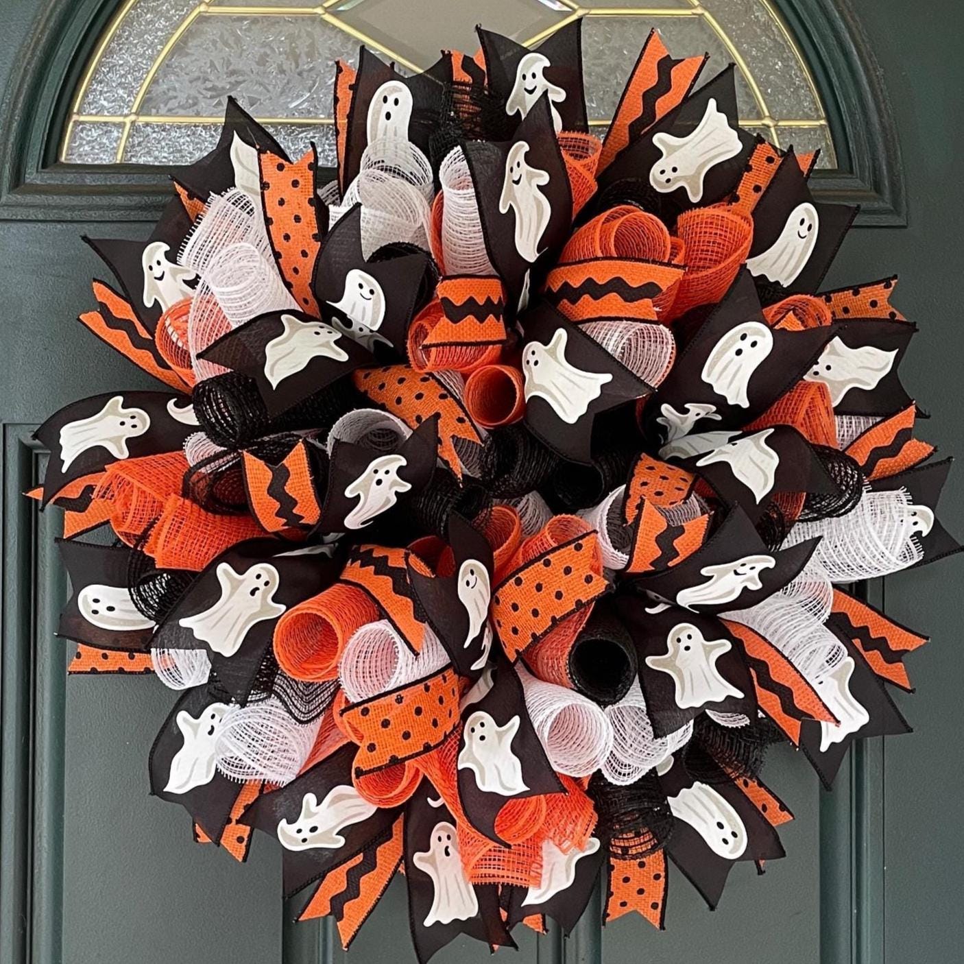 Halloween Wreath Fall 21" Ghost Wreath for Front Door Halloween Boo Decor Autumn Front Porch Decor Decorate for Fall Whimsical Mesh Wreath