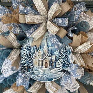Farmhouse Door Wreath Neutral Christmas Decoration Winter Woodland Design Large Entryway Display Beige White Mesh Material Smoke Blue Accent Holiday Front Porch Decor Seasonal Welcome Sign Religious Winter Arrangement Elegant Home Entrance