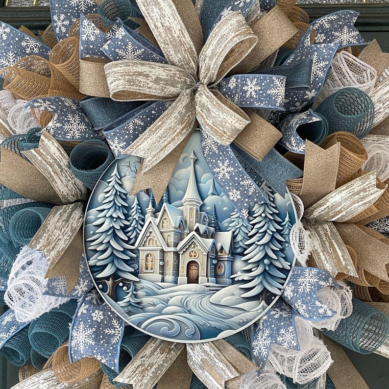 Farmhouse Door Wreath Neutral Christmas Decoration Winter Woodland Design Large Entryway Display Beige White Mesh Material Smoke Blue Accent Holiday Front Porch Decor Seasonal Welcome Sign Religious Winter Arrangement Elegant Home Entrance