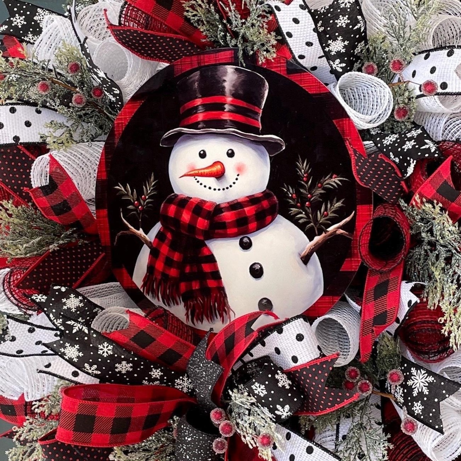 Buffalo Check Wreath Snowman Decoration Winter Cardinal Rustic Large ...