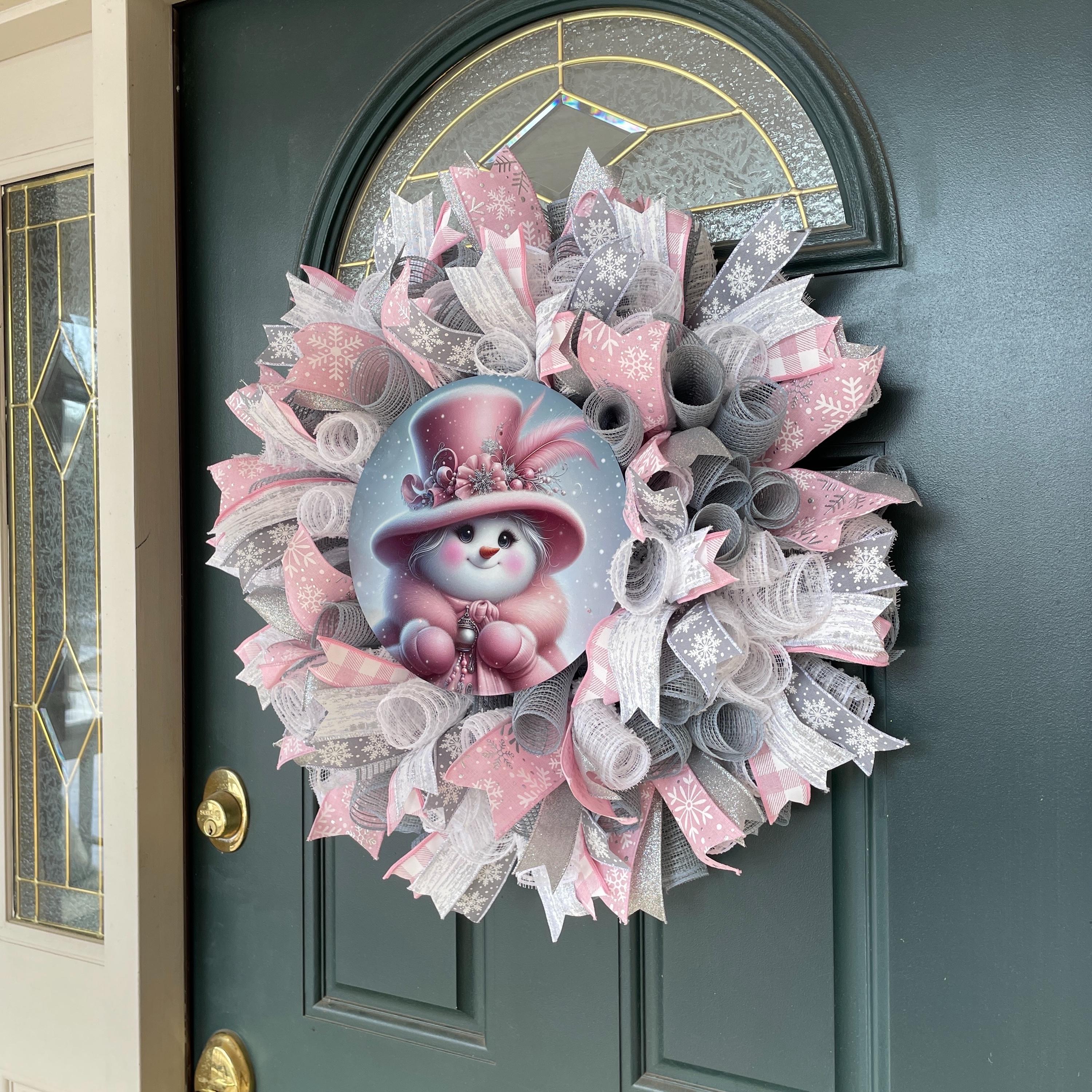 Pink and Silver Winter Snowman Mesh Wreath for Front Door, Christmas ...