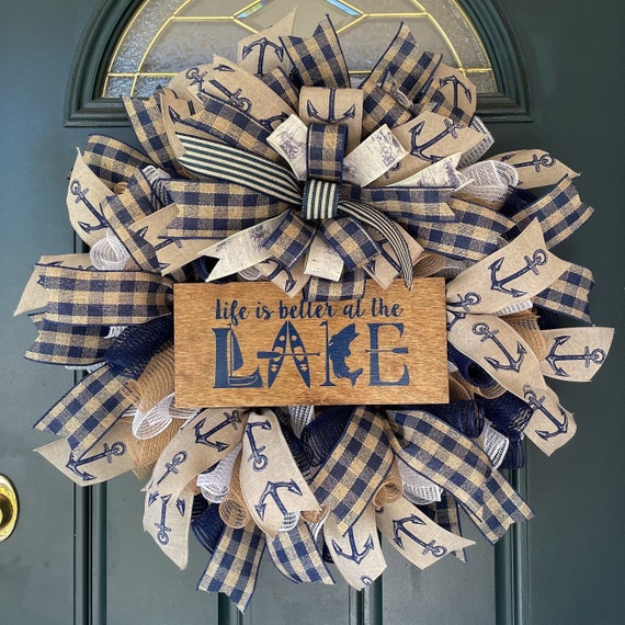 Cabin Wreath, Lake House Decor, Wreath for Front Door, Lake Life, Rental House Decor, Fall Burlap Mesh Decor, Nautical Welcome Wreath
