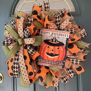 Pumpkin Halloween Farmhouse Wreath for Front Door Harlequin Accent Ribbon Mesh Wreath Primitive Country Happy Halloween Jack-O-Lantern