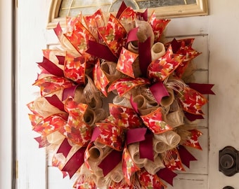 Fall Mesh Wreath for Front Door, Autumn Burlap Wreath, Thanksgiving Decor, Housewarming Gift, Realtor Closing Gift, Rustic Decor