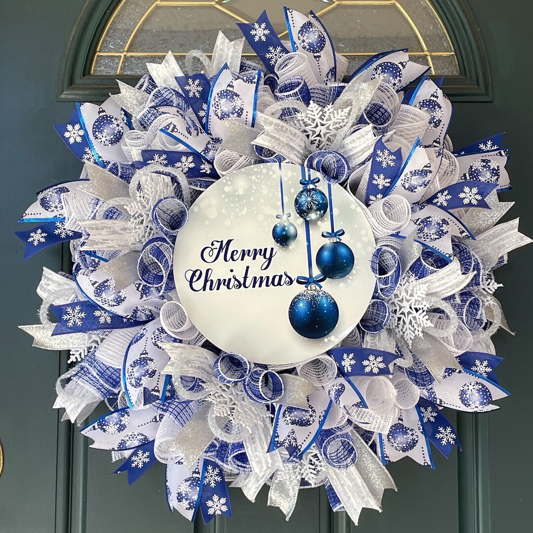 Winter Wreath for Front Door, Large Christmas Mesh Wreaths, Blue and ...
