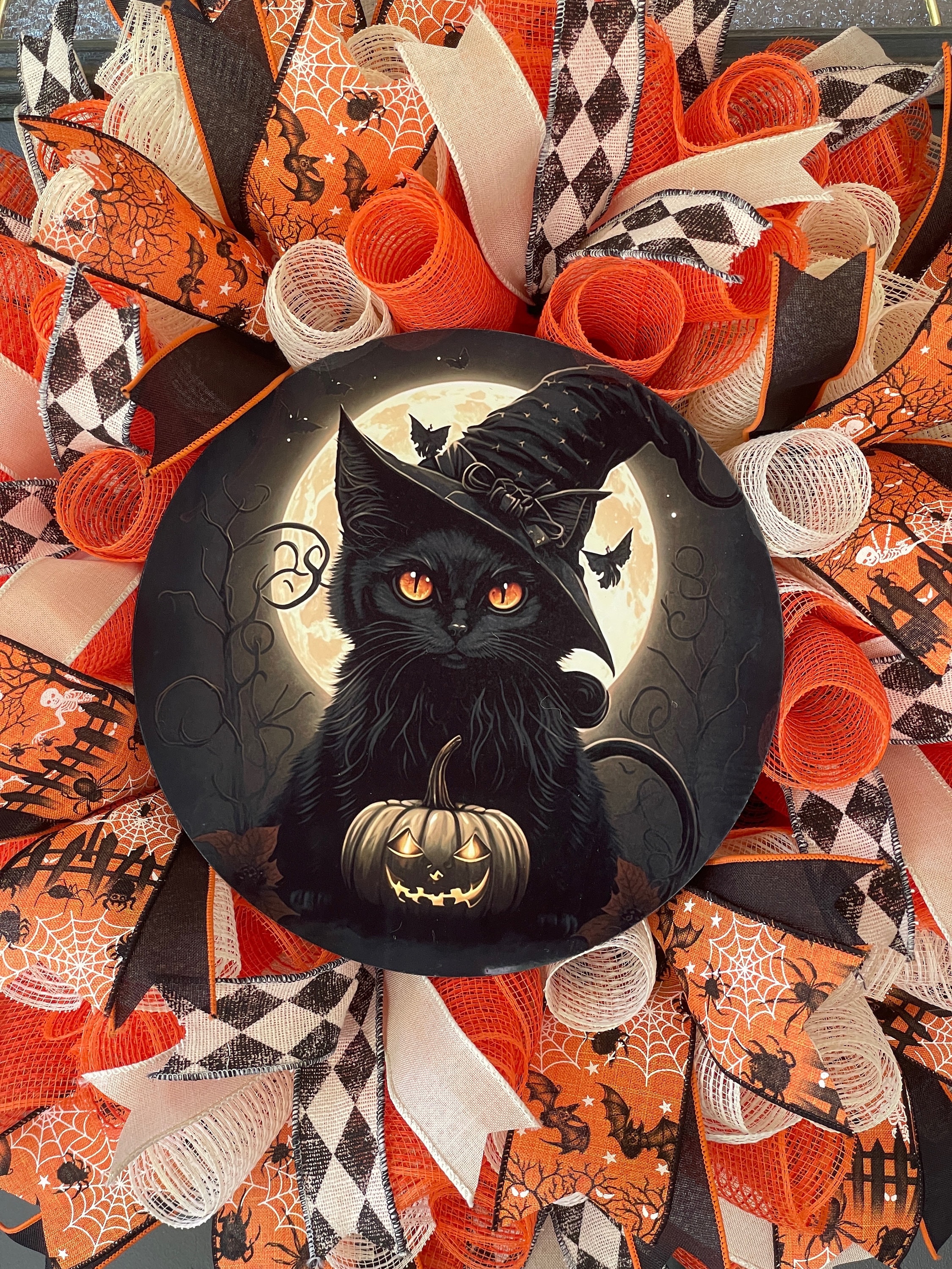 Halloween Wreath, Black Cat, Halloween Black Cat Wreath for Front