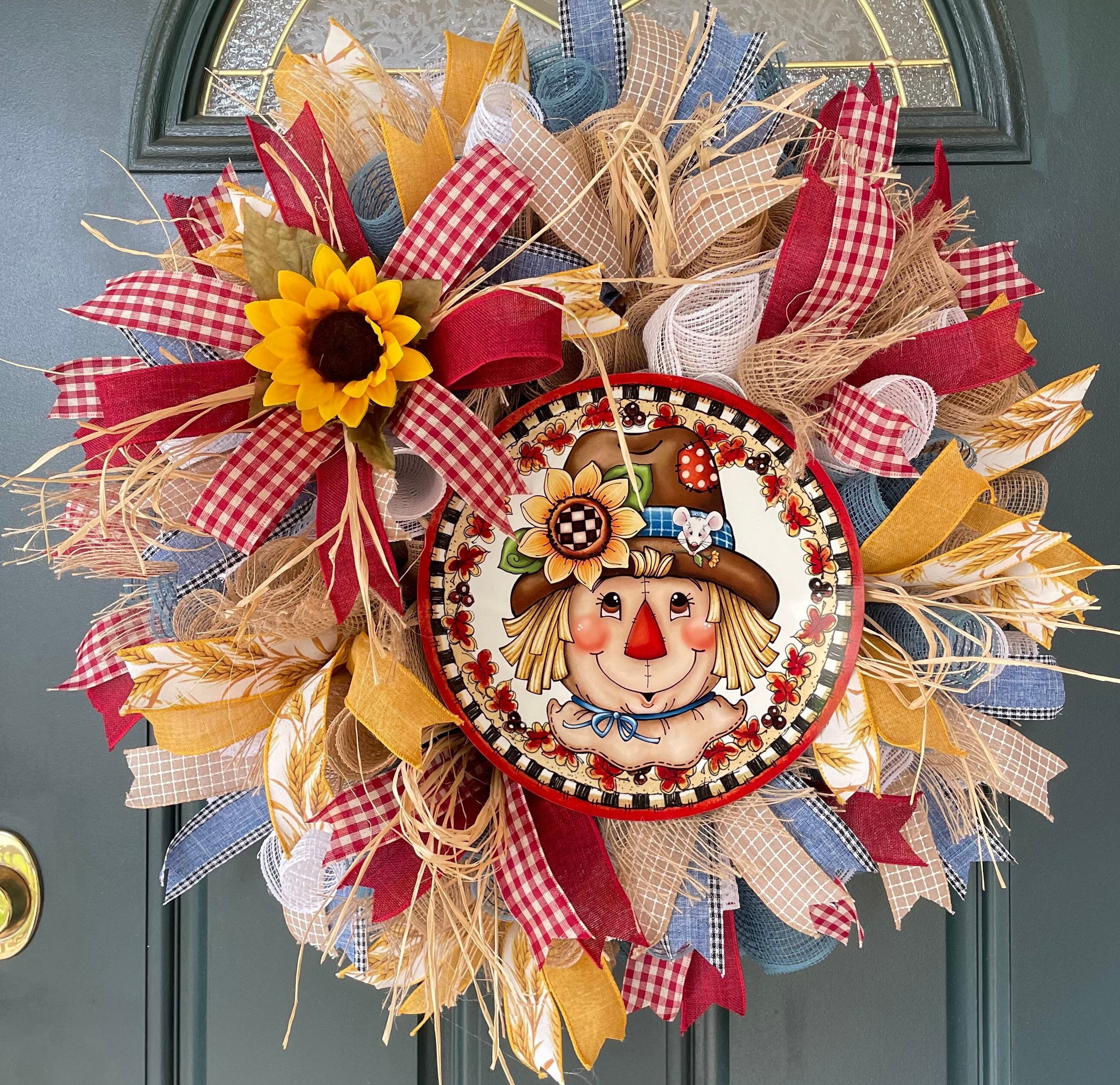 Fall Scarecrow Wreath for Door, Large Country Farmhouse Outdoor