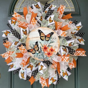 Monarch Butterfly Welcome Wreath: Orange Floral Farmhouse Door Decor