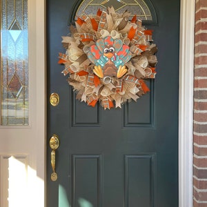 Fall Farmhouse Turkey Wreath for front Door, Thanksgiving Wreaths, Rustic Country Fall Mesh Wreath, Autumn Harvest Turkey Porch Decor, Gift image 8