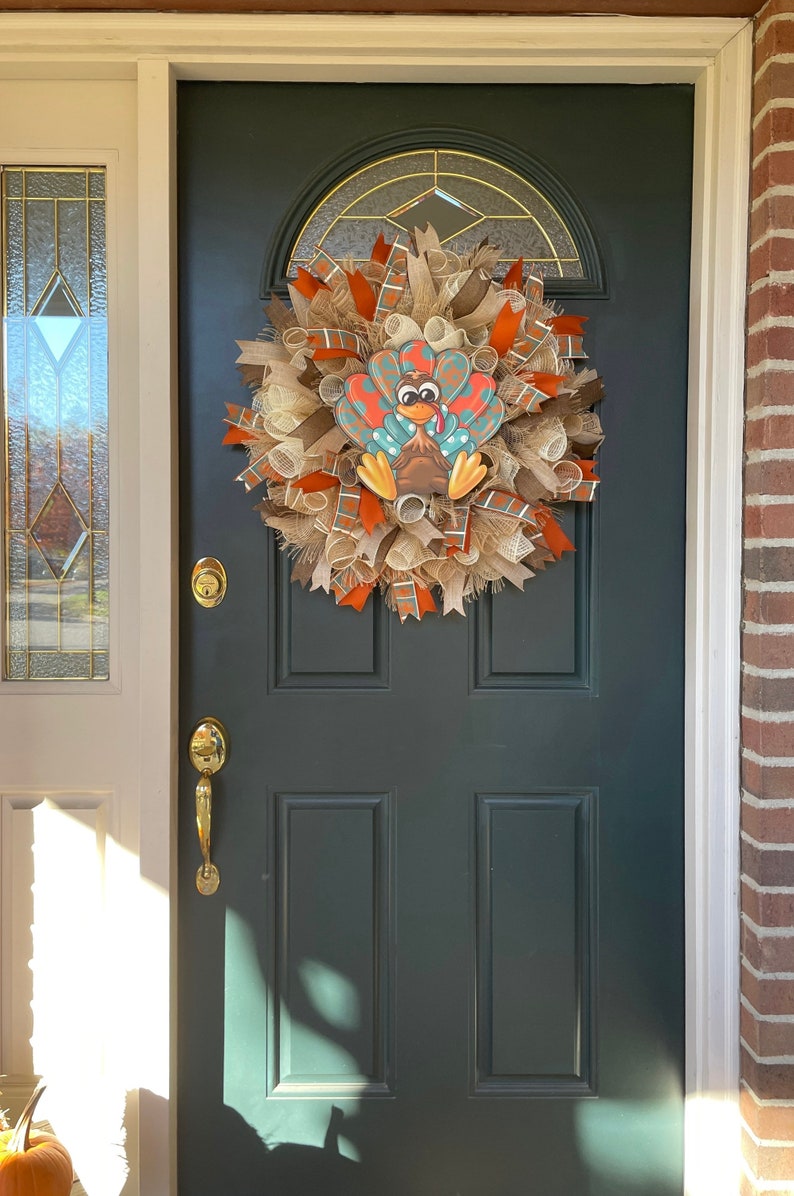 Fall Farmhouse Turkey Wreath for front Door, Thanksgiving Wreaths, Rustic Country Fall Mesh Wreath, Autumn Harvest Turkey Porch Decor, Gift image 8