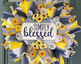 Summer Sunflower Wreath, Simply Blessed, Porch Front Door Decor, Wreath for Door, Large Buffalo Check Mesh Wreath, Patio Decoration, Gift