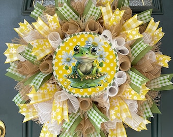 Summer Tree Frog Wreath, Large Mesh Wreath, Frog Decor, Summer Wreath for Front Door, Burlap Decor, Whimsical Summer Wreath, Gift