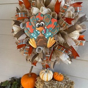 Fall Farmhouse Turkey Wreath for front Door, Thanksgiving Wreaths, Rustic Country Fall Mesh Wreath, Autumn Harvest Turkey Porch Decor, Gift image 3