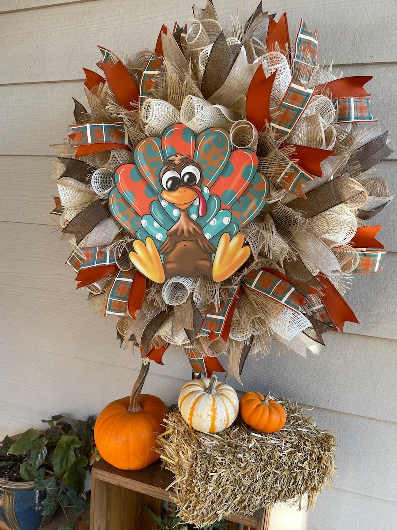 Fall Farmhouse Turkey Wreath for front Door, Thanksgiving Wreaths, Rustic Country Fall Mesh Wreath, Autumn Harvest Turkey Porch Decor, Gift image 3