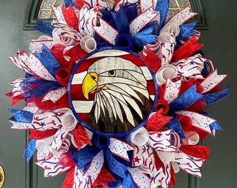 Patriotic Wreath, Summer Wreath for Front Door, 4th of July Wreath, Memorial Day Wreath, Glittered Mesh Wreath, Military Decor, Bald Eagle