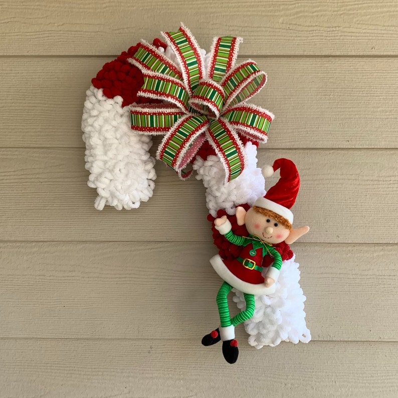 Elf Candy Cane Christmas Wreath XMAS Loop Yarn Holiday Decor Etsy