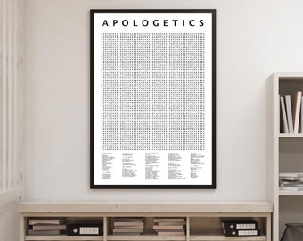 May include: A framed black and white poster with the word "APOLOGETICS" at the top. The poster features a grid of dots and text at the bottom. The poster is displayed on a white wall above a wooden cabinet with books and decor.