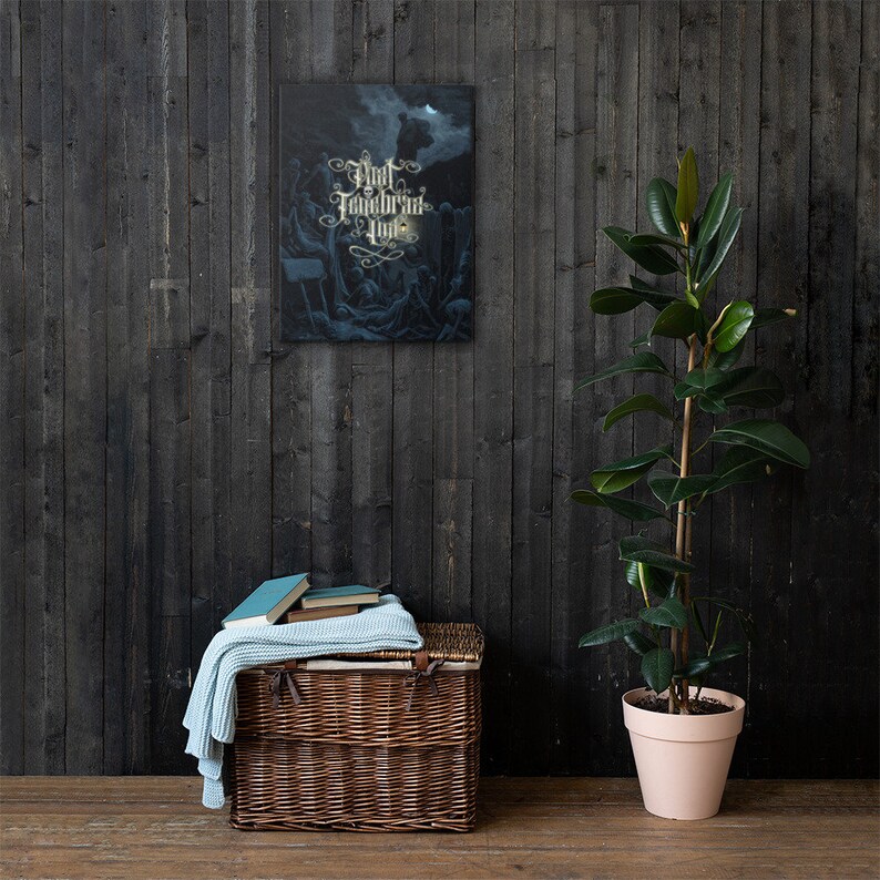 May include: A canvas print with a dark blue background and a gold inscription that reads "And Then We Burned The World". The inscription is surrounded by a dark blue and black image of a crowd of people.