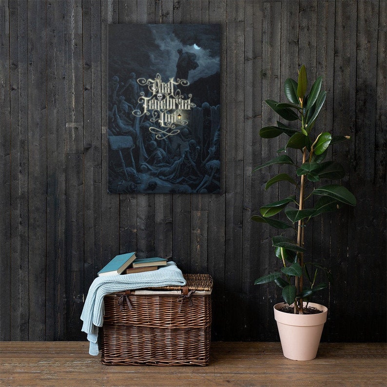May include: A dark blue canvas print with a black and white illustration of a group of people in a graveyard. The text "That Fellowship" is written in gold script.