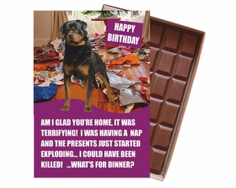 Rottweiler Chocolate Birthday Card Funny Persoalised Gift for Dog Lovers Owner 100g Boxed Milk Chocolate Greeting for Men Women CDLD157