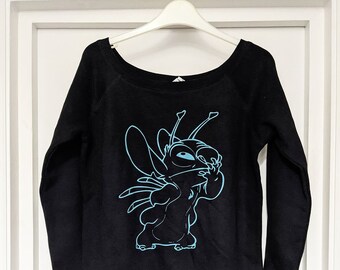 Stitch Talla de mujer Sudadera de cuello ancho pequeño impreso con stitch de Lilo y Stitch
