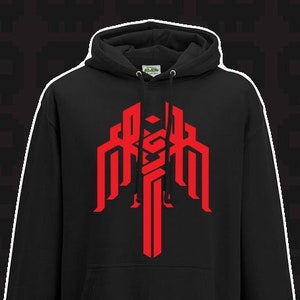 May include: Black hooded sweatshirt with a red graphic of a stylized sword and wings.