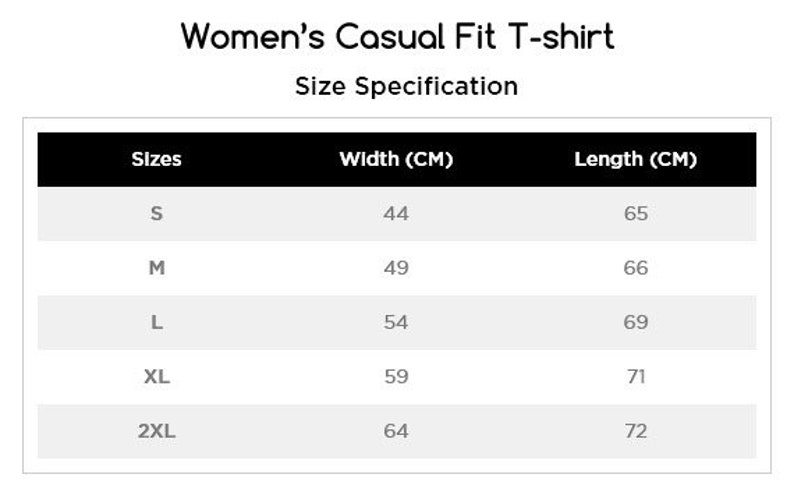 K&ouml;nnte beinhalten: Gr&ouml;&szlig;entabelle f&uuml;r ein T-Shirt mit den Ma&szlig;en f&uuml;r Breite und L&auml;nge in Zentimetern f&uuml;r die Gr&ouml;&szlig;en S, M, L, XL und 2XL.