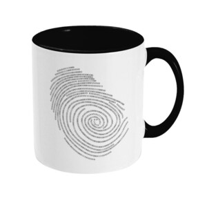 May include: White ceramic mug with a black interior and handle. The mug features a spiral design made up of binary code.