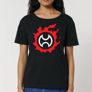 May include: Black t-shirt with a red and white symbol on the front. The symbol is a stylized circle with a white "H" inside.