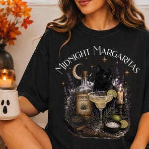 Witchy Midnight Margaritas Shirt, Practical Magic Halloween Tee, Spooky Black Cat Comfort Colors Graphic Top